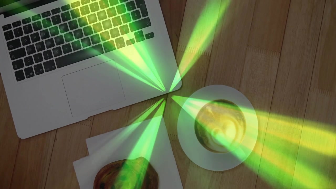 Flat design render showing top-down silver laptop beside latte art cup, pastry on wooden table