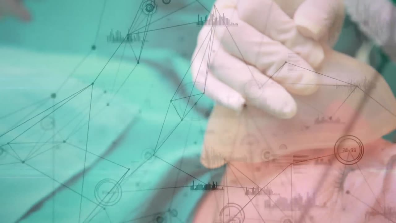 수술실에서 외과 의사들에 대한 연결 네트워크와 데이터 처리의 애니메이션