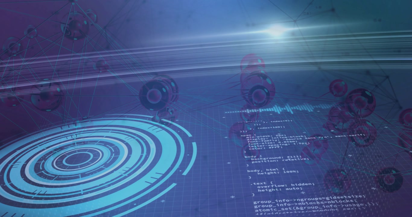 Upon scene start, ring HUD graphic rotating while sweeping beam lighting code and node clusters