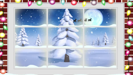 Animation-Einer-Winterlandschaft-Mit-Weihnachtsdekoration,-Gesehen-Durch-Ein-Fenster