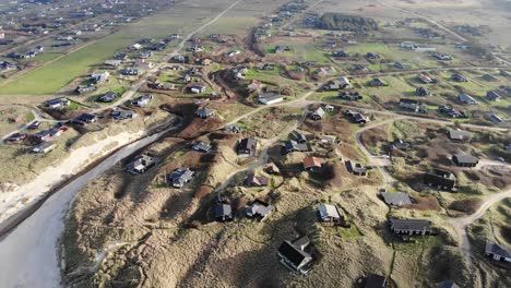 aerial view of the north sea shoreline outside lã¸kken, denmark, with cottages in the dunes