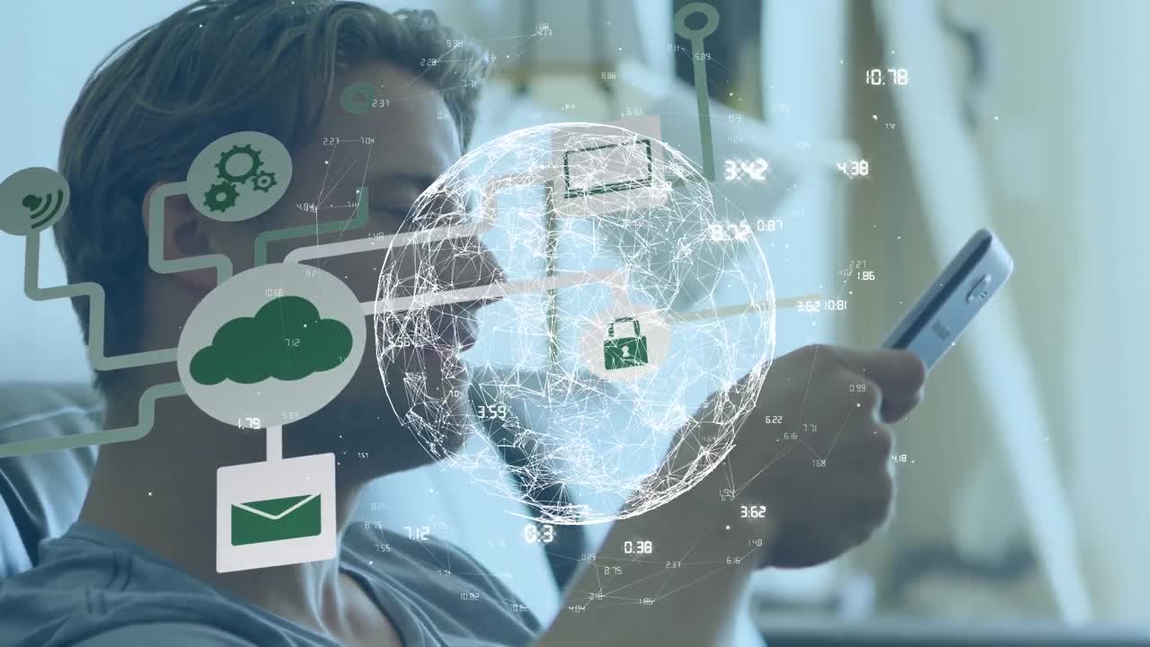 Animation of network of connections and globe over caucasian men using smartphone