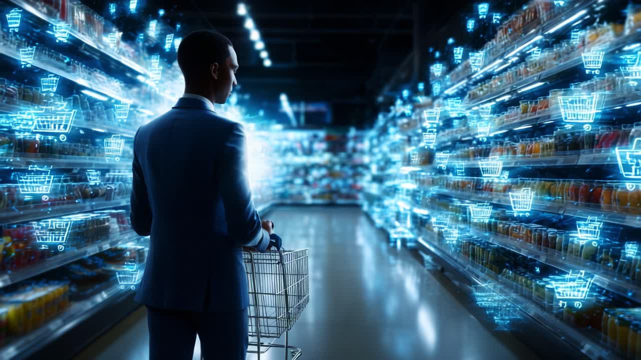 Exploring a Futuristic Supermarket Aisle with Digital Shopping Carts: A Shopper's Journey Through a High-Tech Retail Environment Enhanced by Augmented Reality Visuals