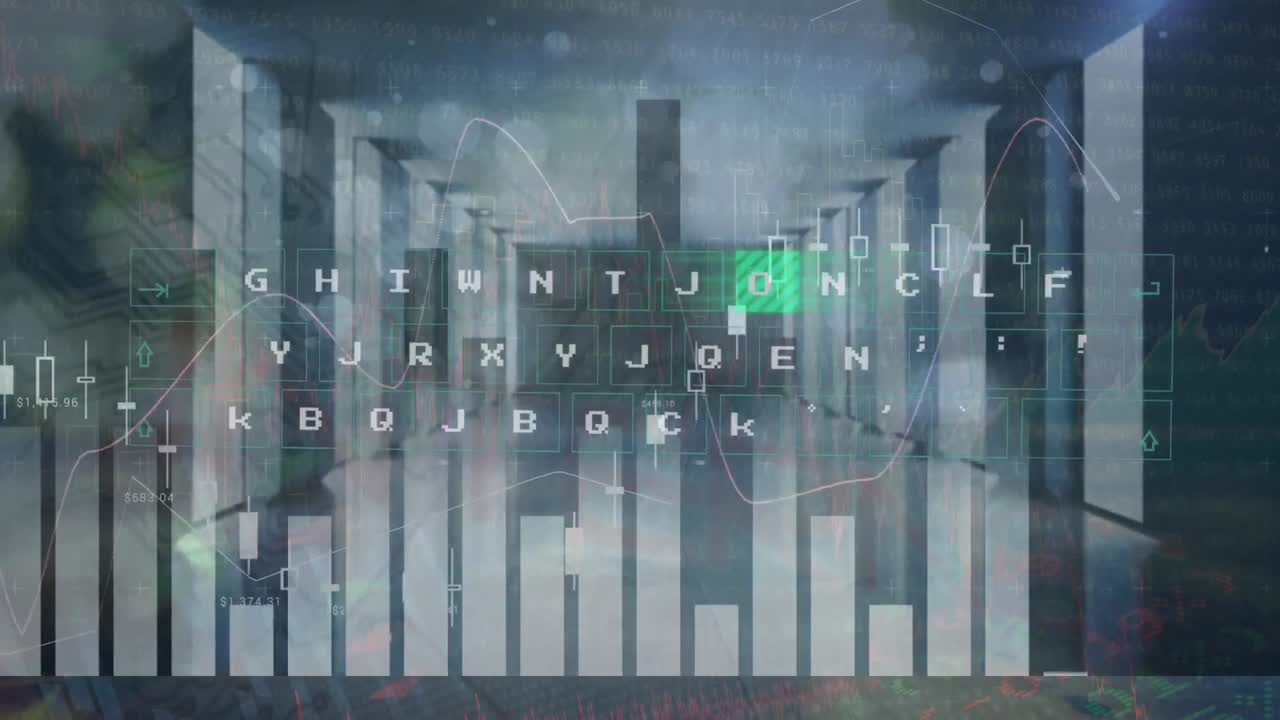 컴퓨터 서버 방에 대한 빛의 점과 통계 데이터 처리의 애니메이션