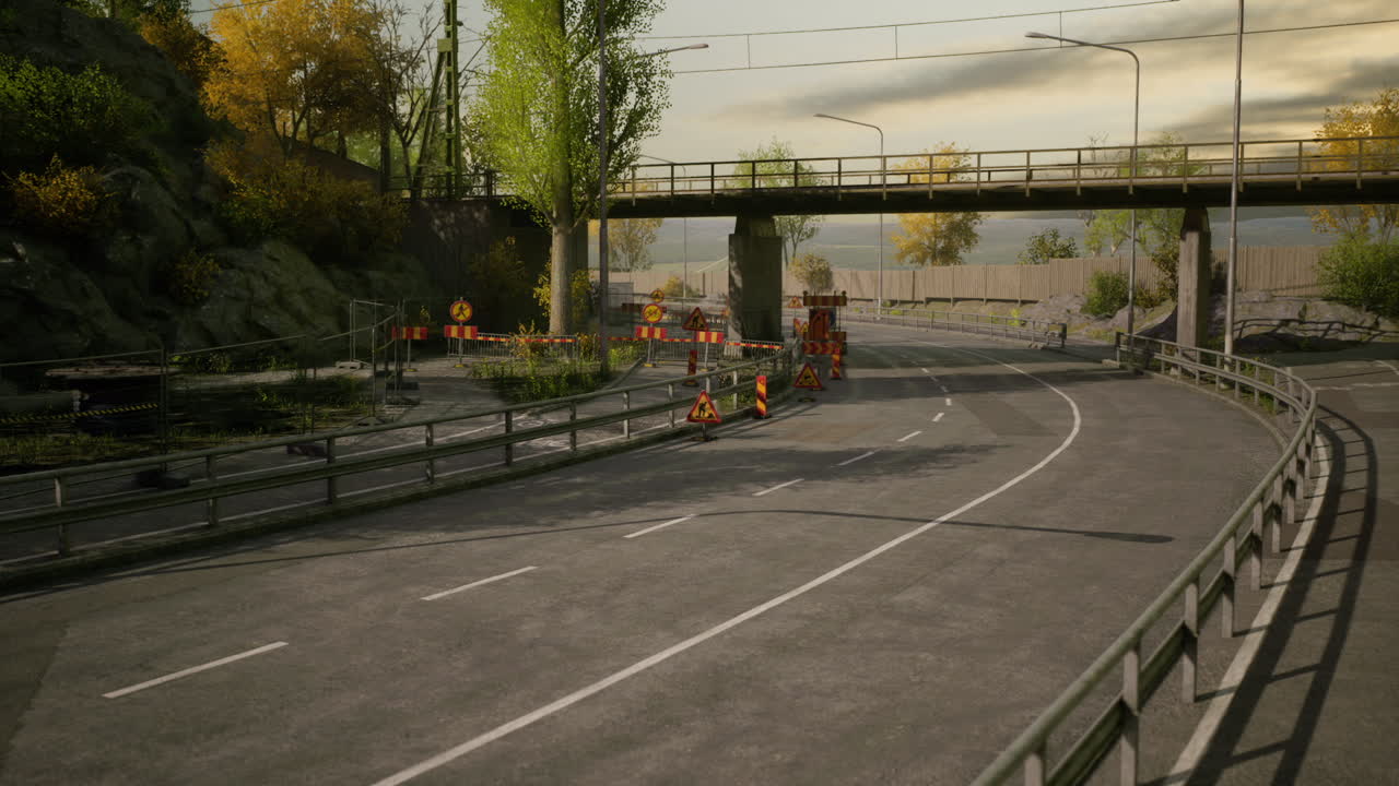 Road construction near a bridge in an urban environment during daytime