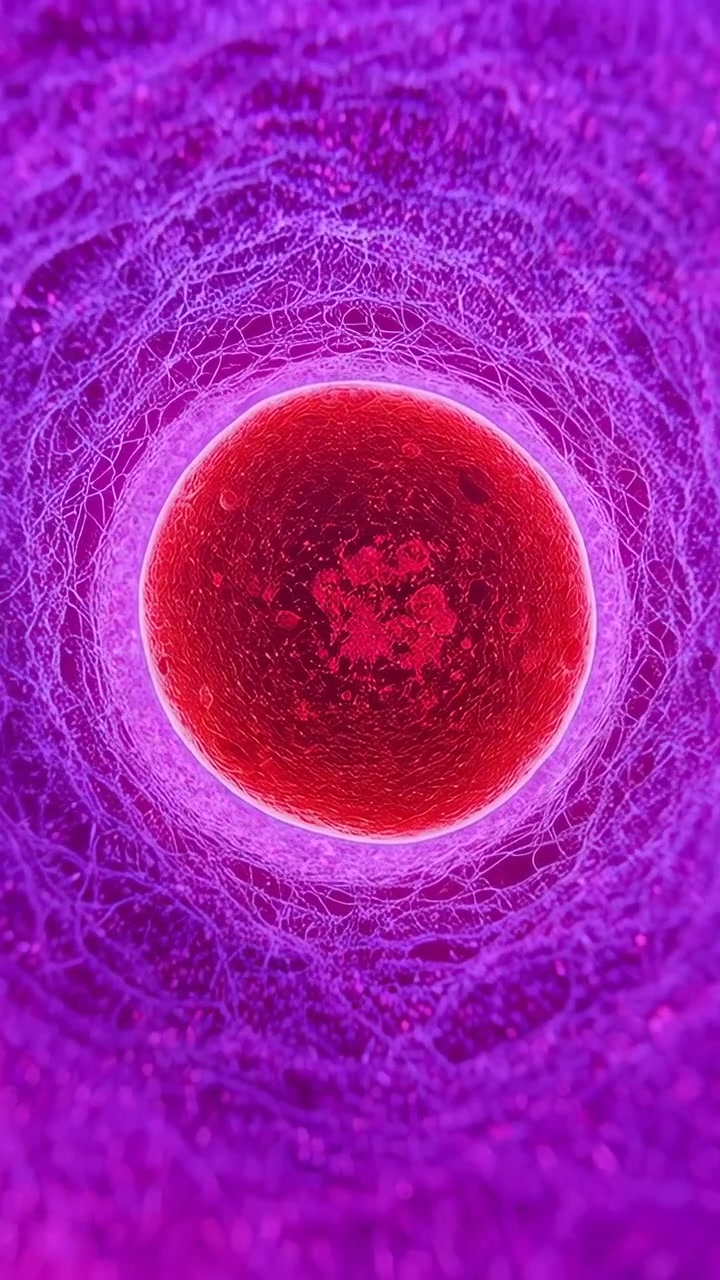 Video verticale: Vista con zoom che rivela un alone di sfera rossa che si illumina tra microfibre viola e macchioline