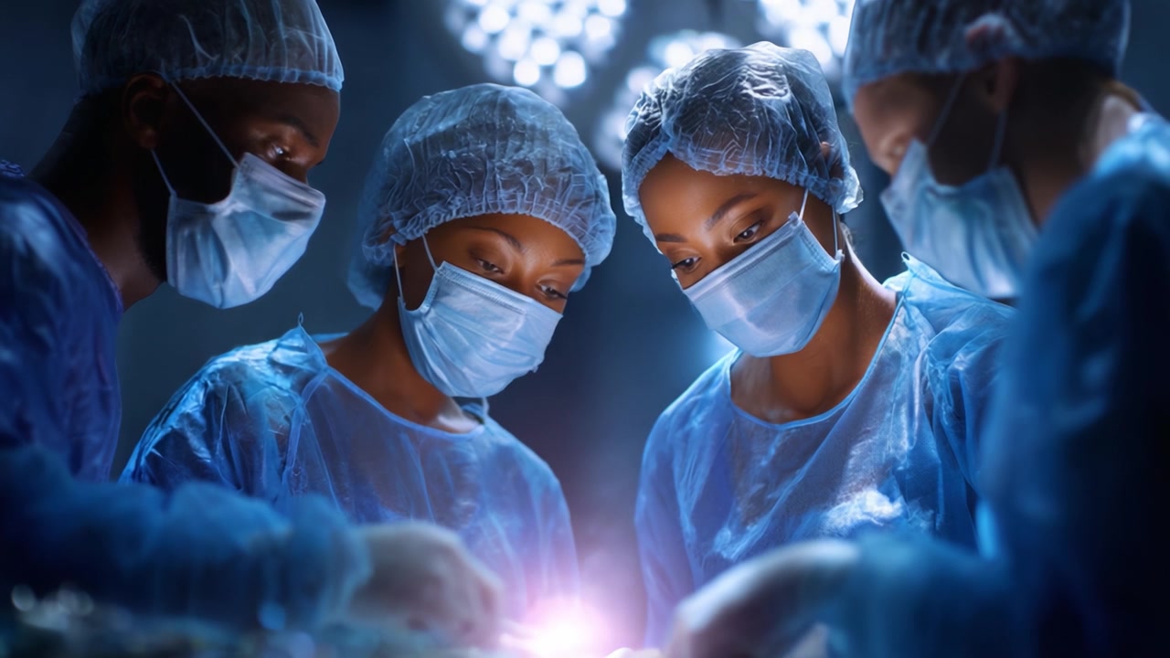Un team chirurgico concentrato impegnato in un'operazione delicata, illuminato da luci intense, che mostra precisione, lavoro di squadra e dedizione in un ambiente sterile.