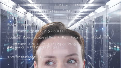 animation of forehead of caucasian woman with processing servers in background