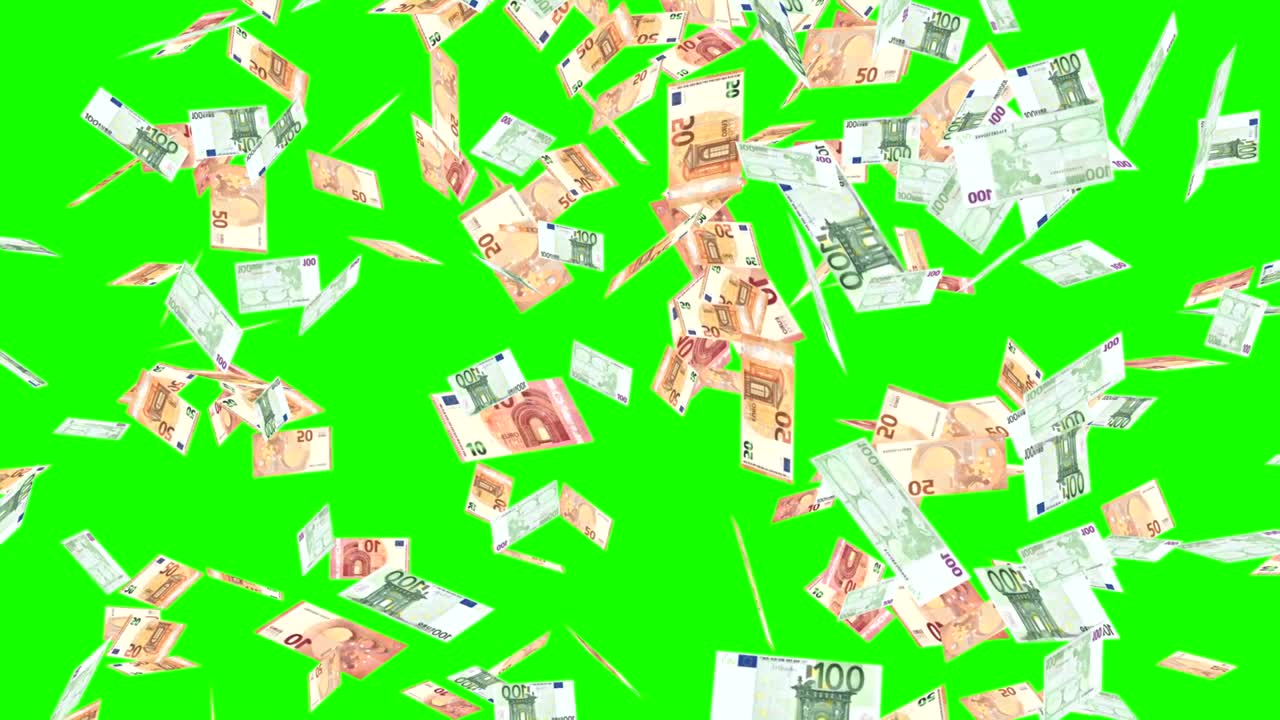 녹색 스크린에 유로 지폐의 비가