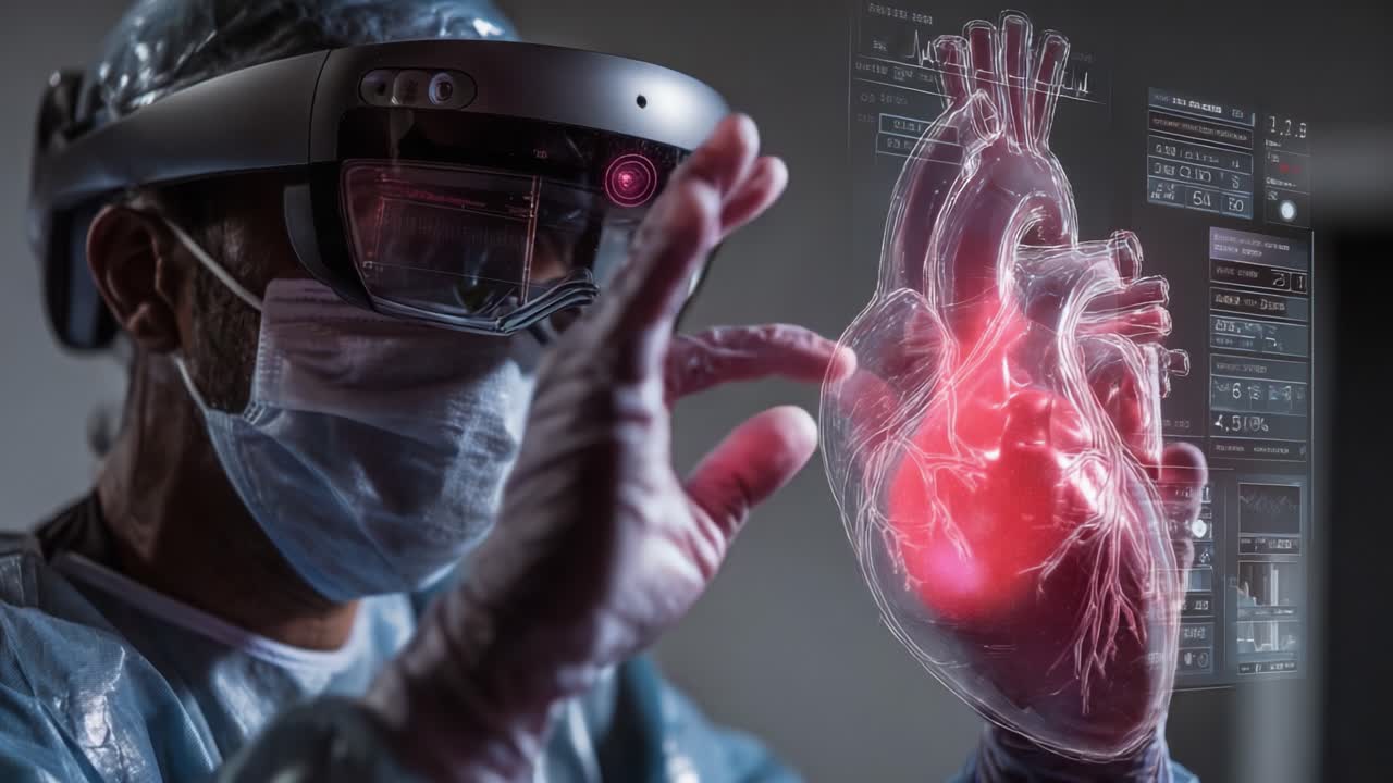 Innovative Medical Technology: A Surgeon Utilizes Augmented Reality to Visualize a Holographic Heart Model While Enhancing Surgical Precision and Patient Outcomes in a High-Tech Environment