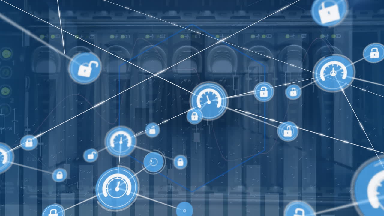 Animation of network of connections with icons and data processing over server room