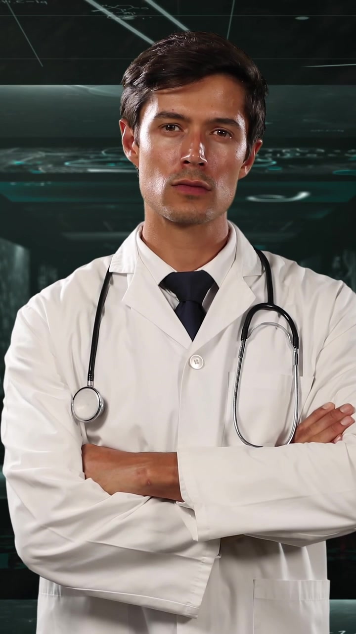 Animación de ecuaciones matemáticas sobre un médico caucásico