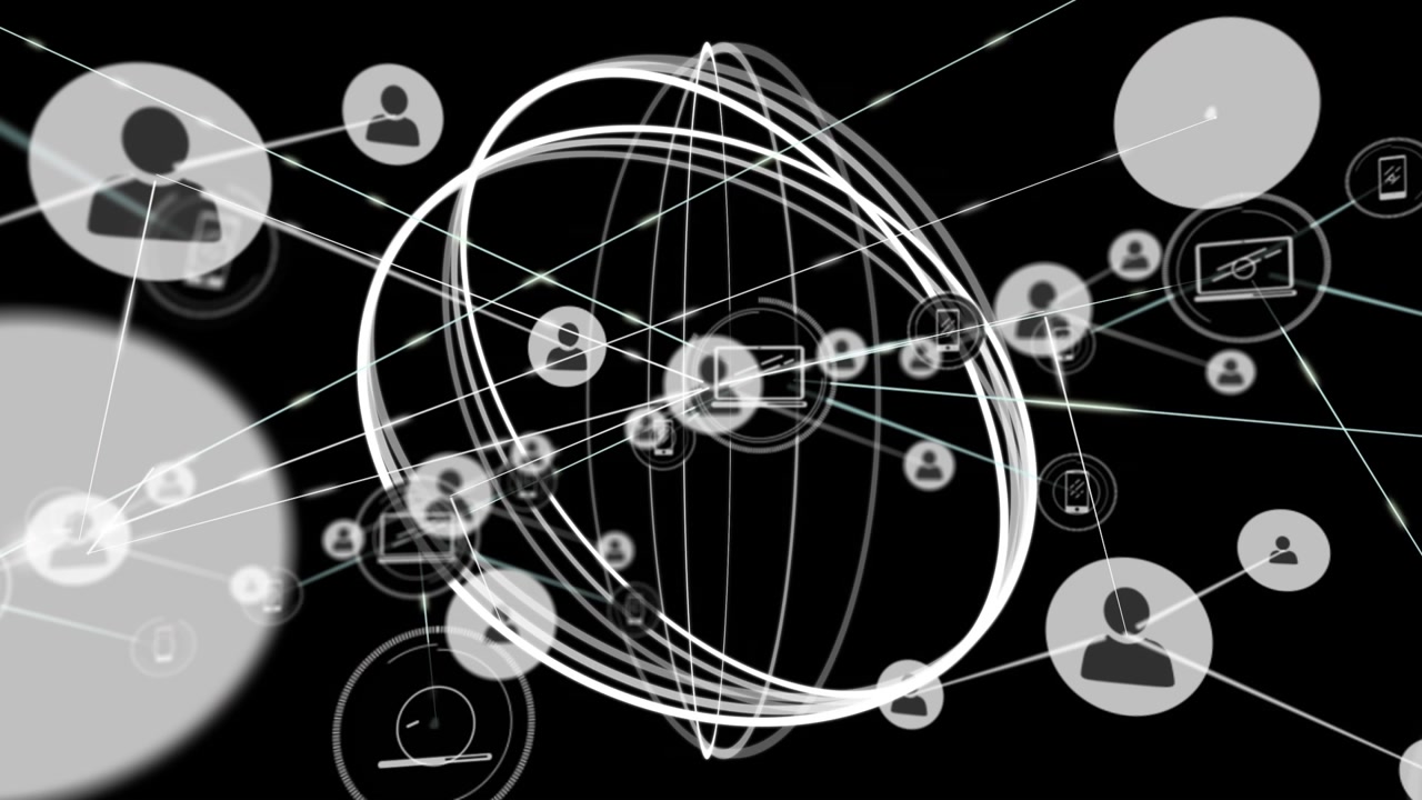 Animation of network of connections over circles on black background