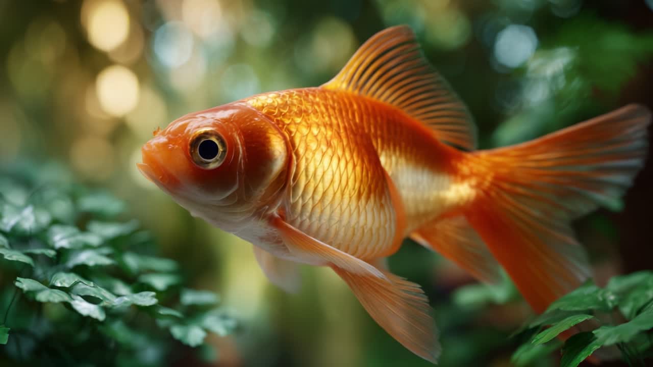 Um peixinho dourado gracioso nada por uma aquascape vibrante, exibindo seus impressionantes tons de laranja e nadadeiras delicadas em meio a uma folhagem verde exuberante e um ambiente sereno