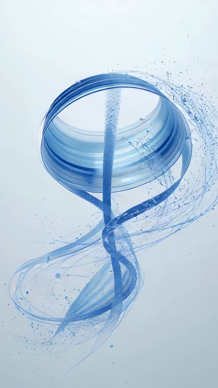 Vertical video: Advancing frames driving blue ring column ribbons coiling in tank to reveal motion