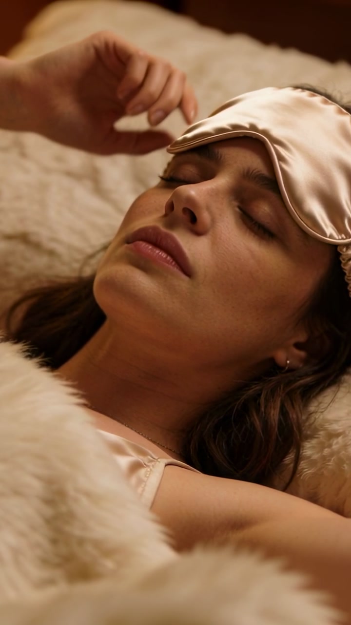 Vertical video: Stirring woman lifting satin sleep mask in bed, resting cami strap while waking