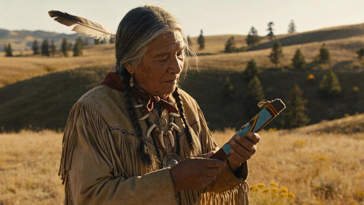 Eine Flöte haltend, dreht sich ein indigener Ältester in Wildleder, studiert eine Türkiseinlage auf einer Wiese, nachdenklich.