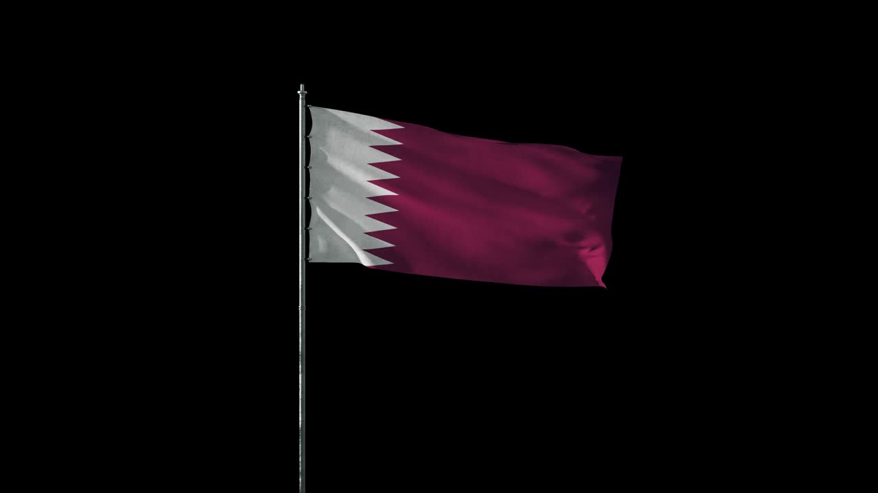 Flag of Qatar on flagpole waving on wind, realistic 3d animation on black seamless loop, 20 seconds long (alpha channel is included)