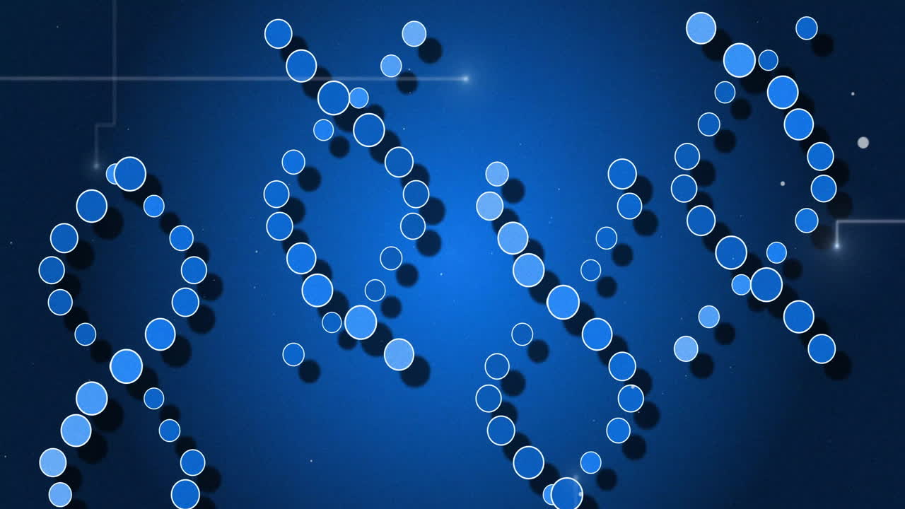 파란색 배경 위의 dna 줄에 대한 디지털 데이터 처리의 애니메이션