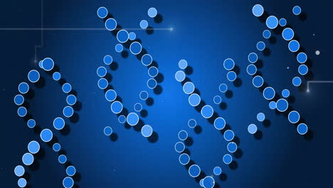 animación del procesamiento de datos digitales sobre cadenas de adn sobre fondo azul