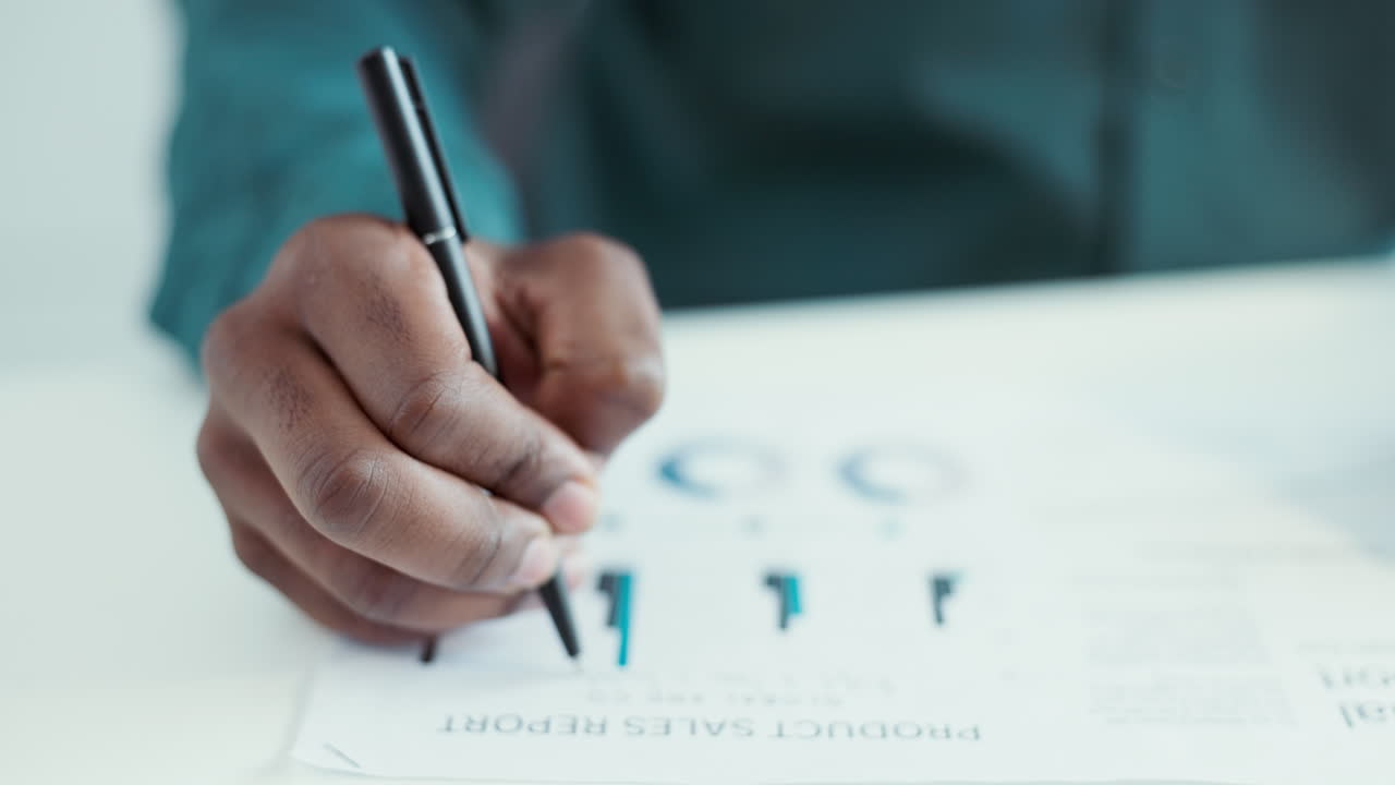 Hand, business man and writing for sales report