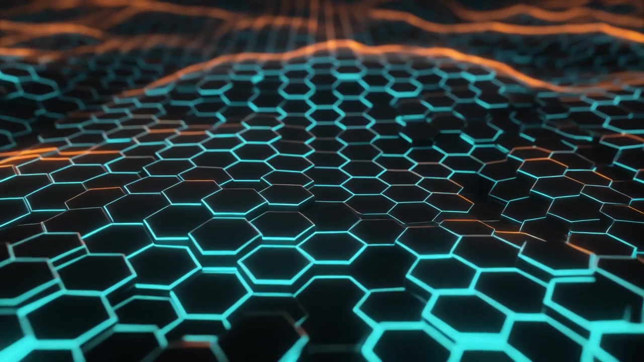 Abstract Digital Hexagon Grid with Glowing Blue and Orange Waves