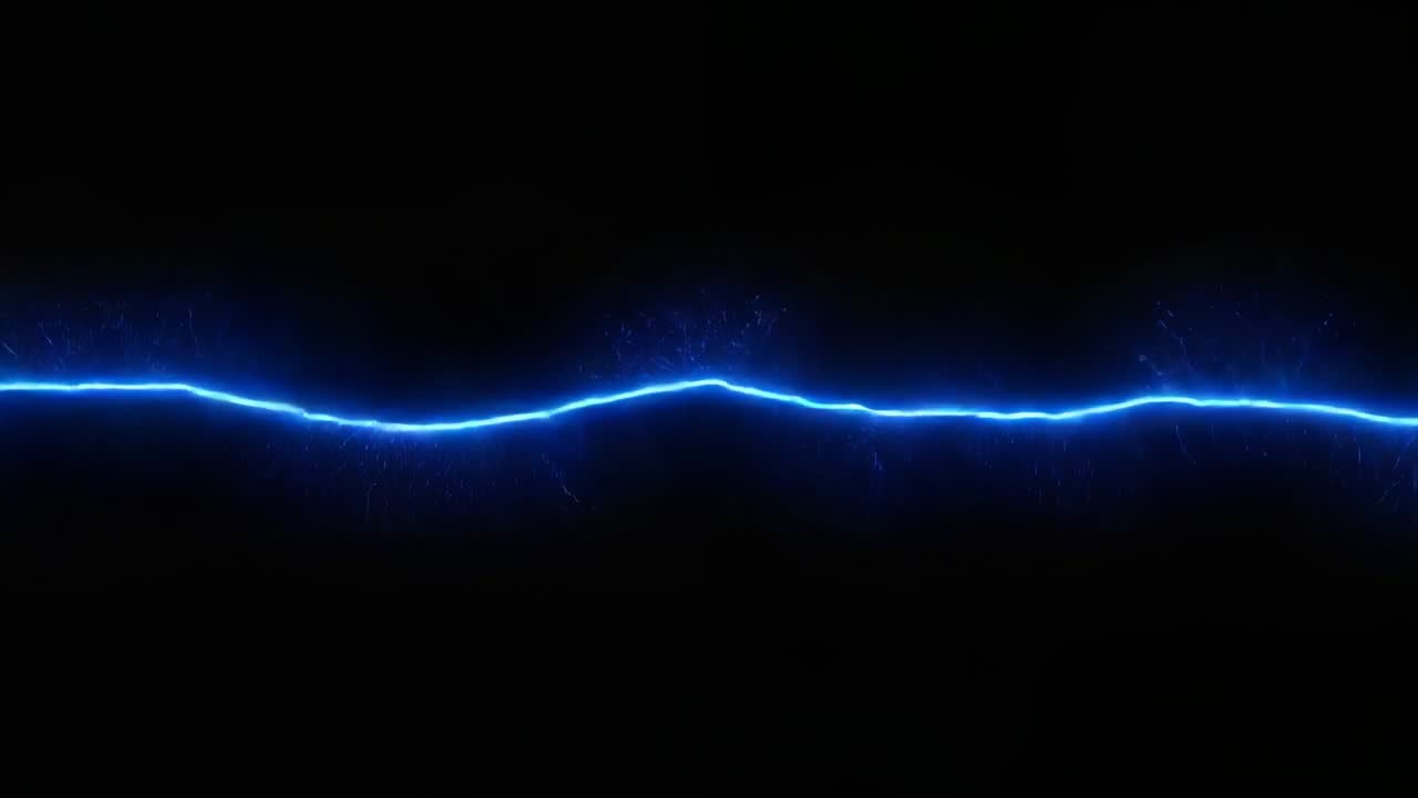 Filamento elettrico blu pulsante che forma una cresta centrata su tela nera, emettendo scintille e un alone
