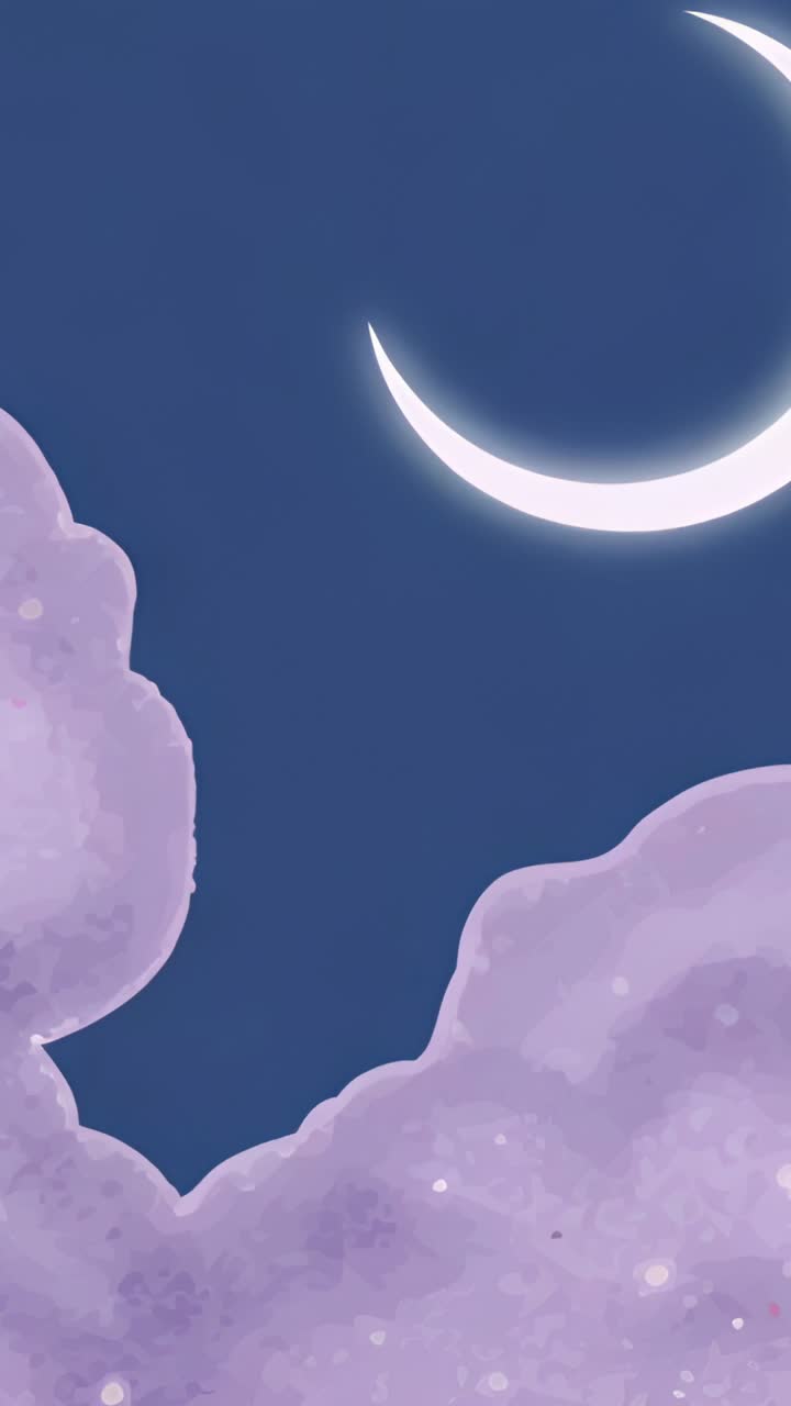 Vertical video: Opening night sky with crescent moon and drifting lavender clouds, copy space