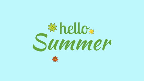 Hello-Summer-with-colorful-cartoon-flowers-on-blue-gradient,