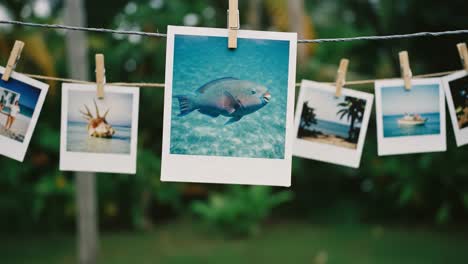 colorful fish captured in crystal clear waters - a showcase of marine life through photography on display with polaroid prints in a tropical setting