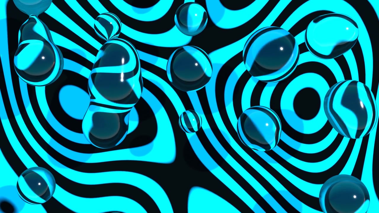 Abstract 3D Liquid Droplets on Blue and Black Striped Background