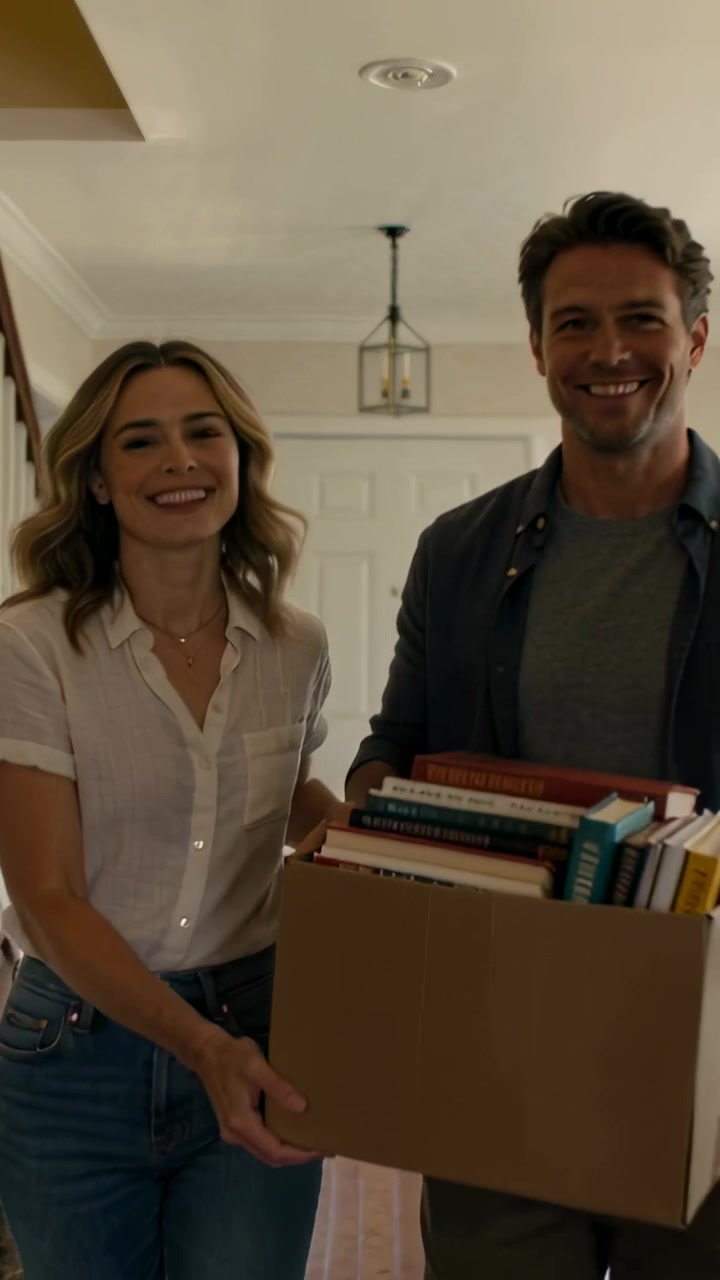 Video vertical: Abriendo una puerta, pareja llevando una caja de libros al recibidor, ropa informal, mudándose