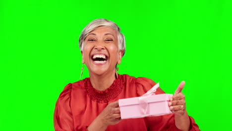 gift, green screen and portrait of excited senior