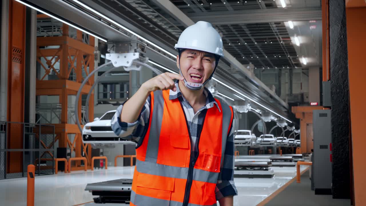 안전 헬을 입은 분노한 아시아 남성 엔지니어가 ev 자동차 공장에서 서서 누군가에게 소리치고 있습니다.