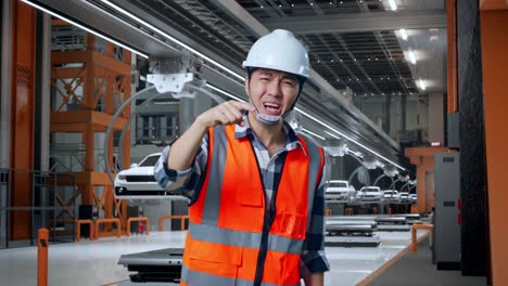 ingeniero masculino asiático enojado con casco de seguridad gritando a alguien mientras estaba de pie en la fábrica de automóviles ev
