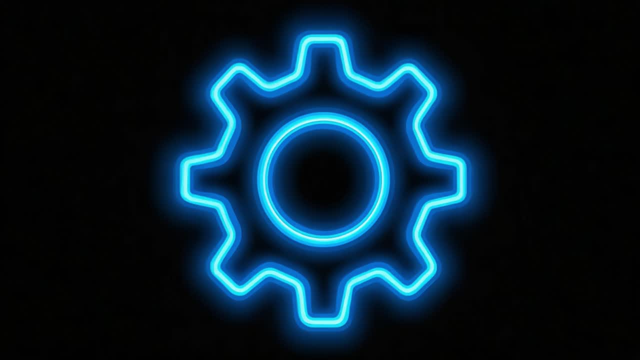 Icona futuristica di ingranaggio al neon blu su sfondo scuro: una straordinaria rappresentazione di tecnologia e innovazione che enfatizza la precisione meccanica nell'era digitale.