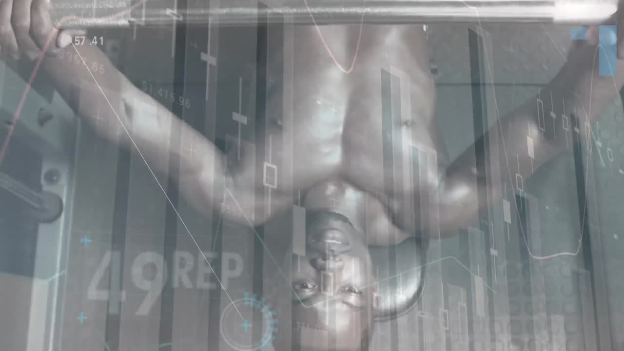 체육관 장비로 운동하는 강한 남자에 대한 데이터 처리 애니메이션