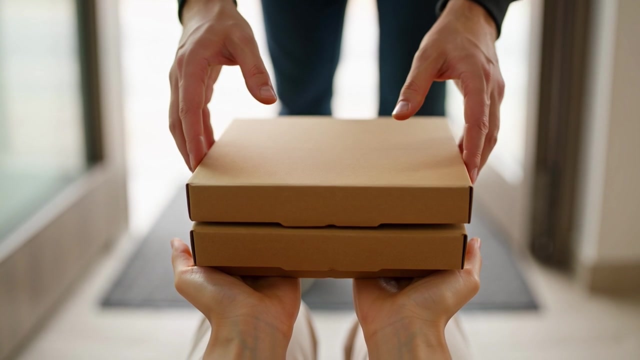 Delivery Person Handing Over Pizza Boxes to Customer at Doorstep