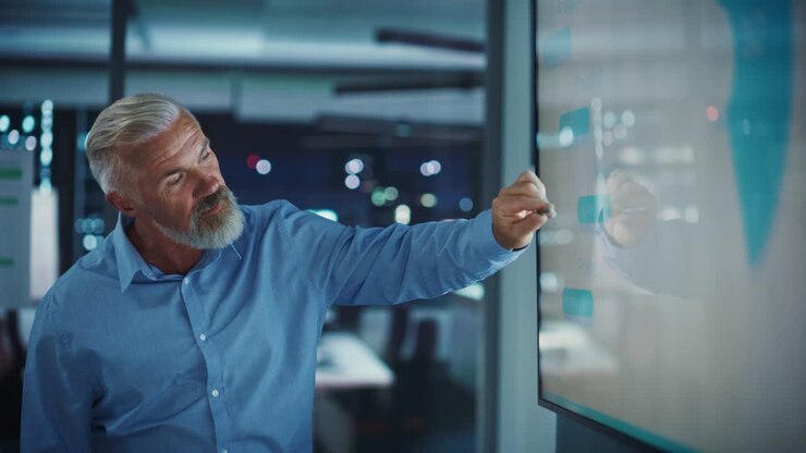 Company General Manager Holds Sales Meeting Presentation for Employees and Executives. Senior Adult Male Uses TV Screen with Growth Analysis, Charts, Ad Revenue. Work in Business Office.