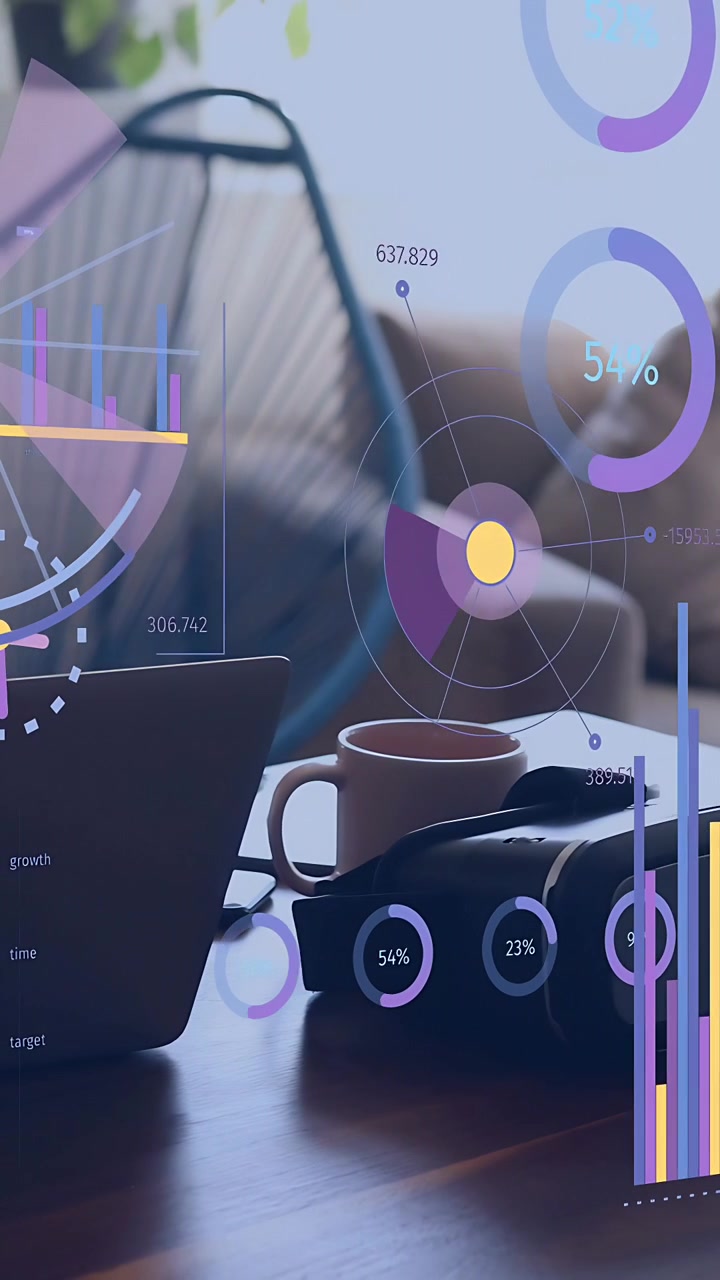 Vertical video: Woman leaning, typing, writing while HUD charts aligning with laptop for analytics