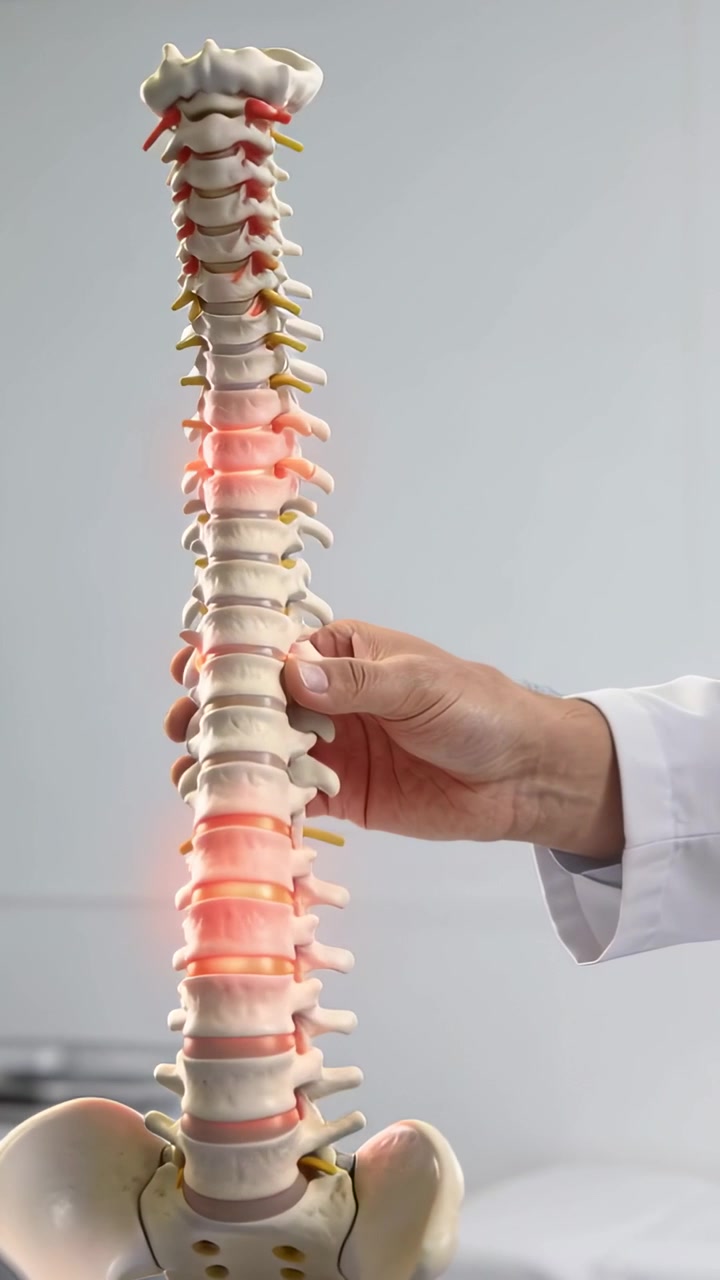 Video vertical: Doctor con bata blanca de laboratorio rotando un modelo de columna vertebral en la clínica, mostrando discos rojos.
