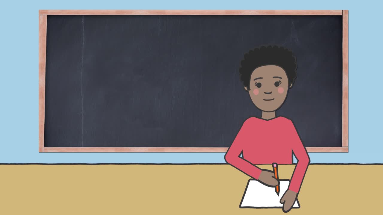 Animation of illustration of schoolgirl sitting at desk and writing with blackboard in background