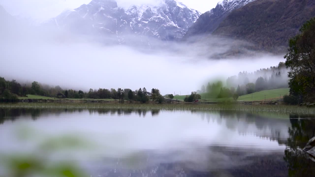 Beautiful lake with reflection of huge snowy mountains in background