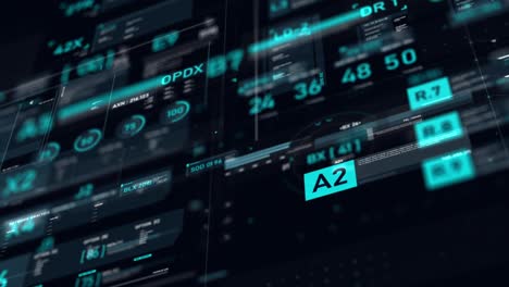 futuristic user interface hud gui digital text number element for cyber technology concept with shallow depth of field dark and grain processed