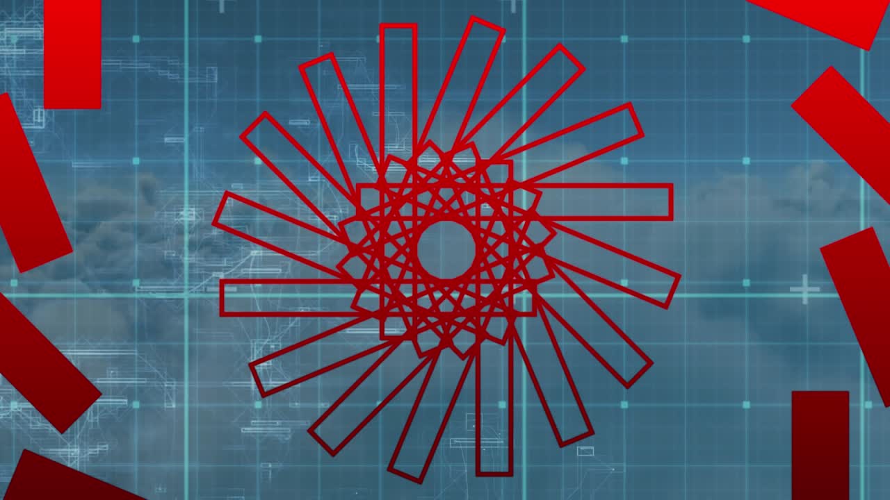 Animation of red abstract shapes in seamless pattern over data processing against clouds in the sky