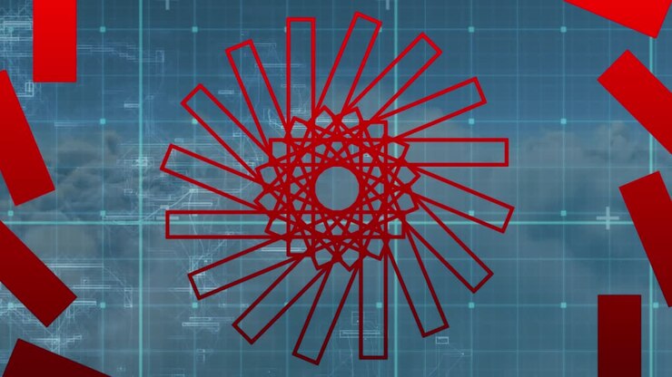 Animation of red abstract shapes in seamless pattern over data processing against clouds in the sky