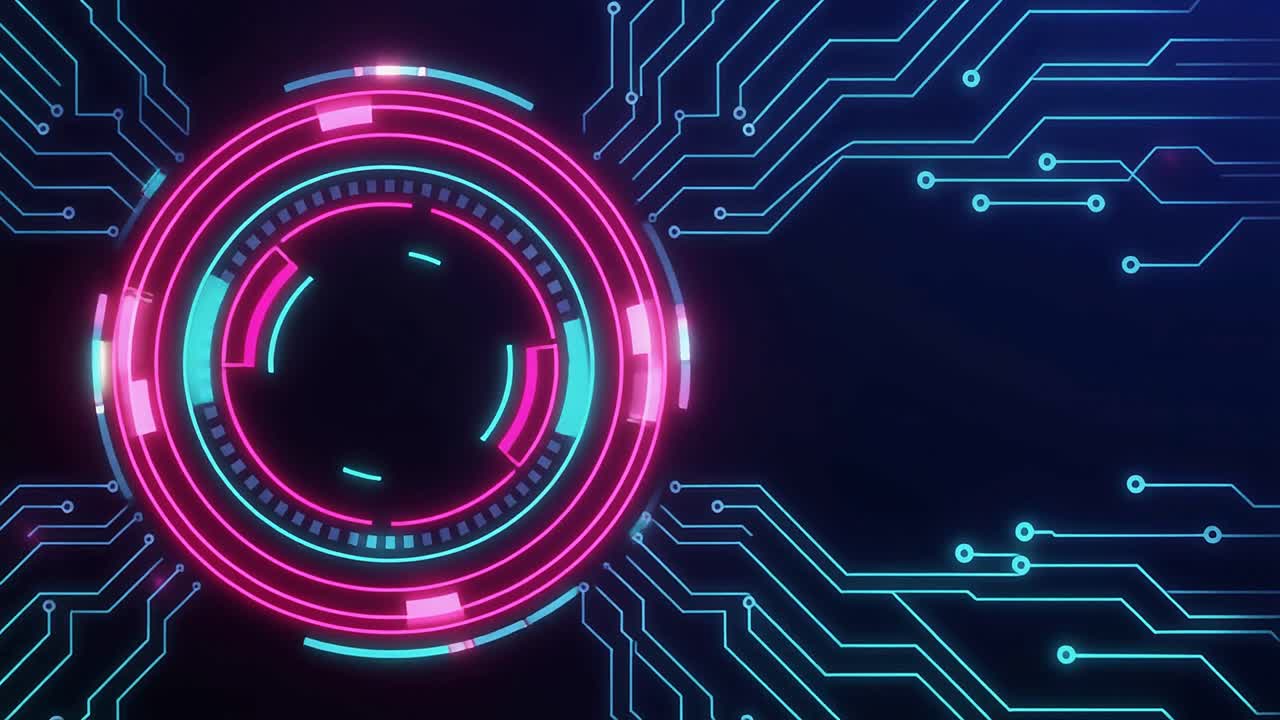 Digital HUD Interface with Glowing Neon Circuit Board Lines