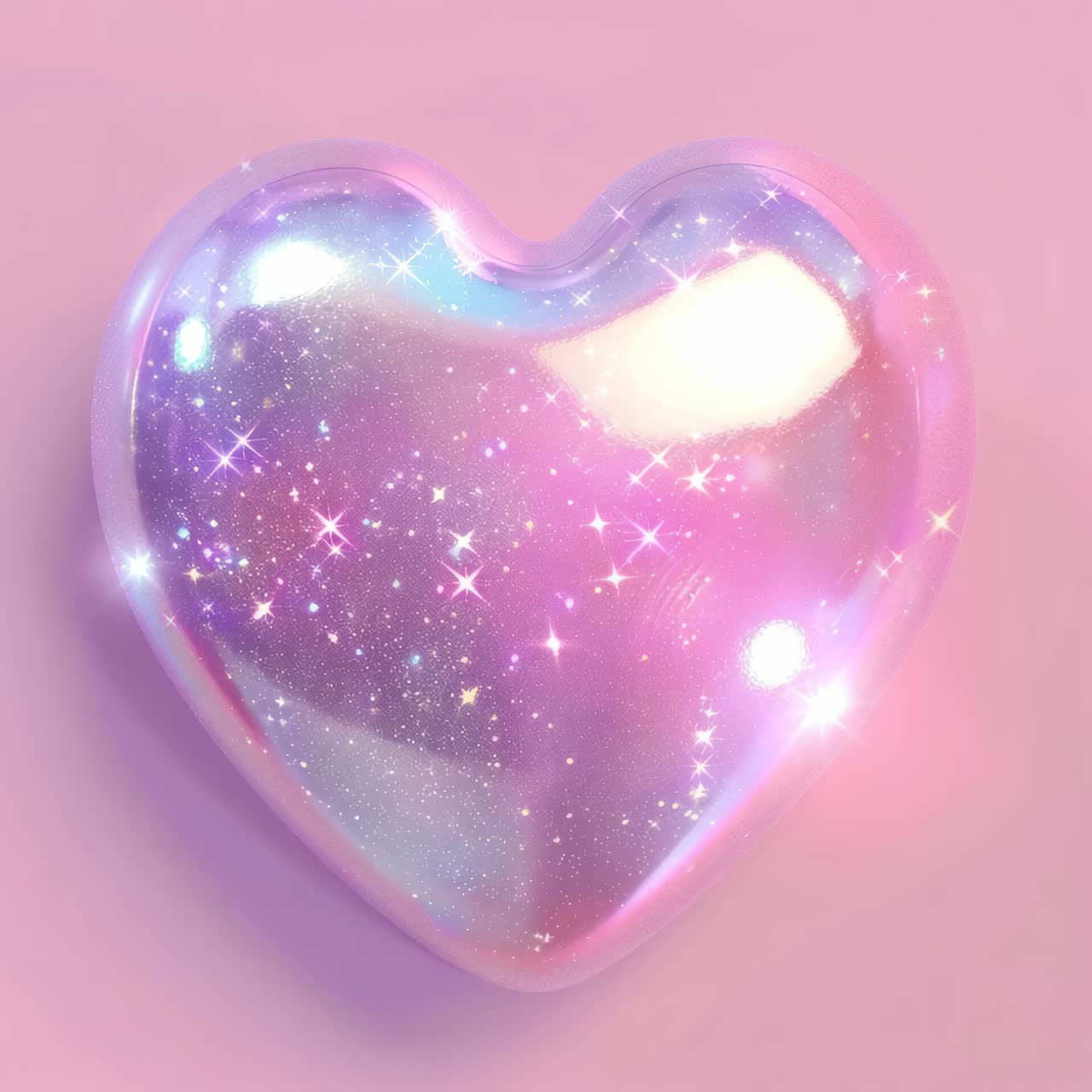 A glossy, cosmic heart with a gradient of pink and purple hues, captured from a top-down angle