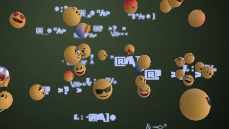 Multiple-face-emojis-and-mathematical-symbols-floating-against-green-background