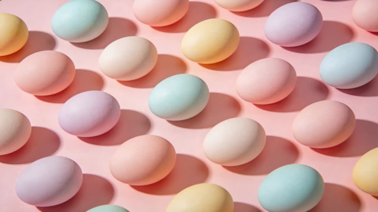 Panning overhead camera revealing pastel eggs in diagonal rows on pink surface with soft shadows